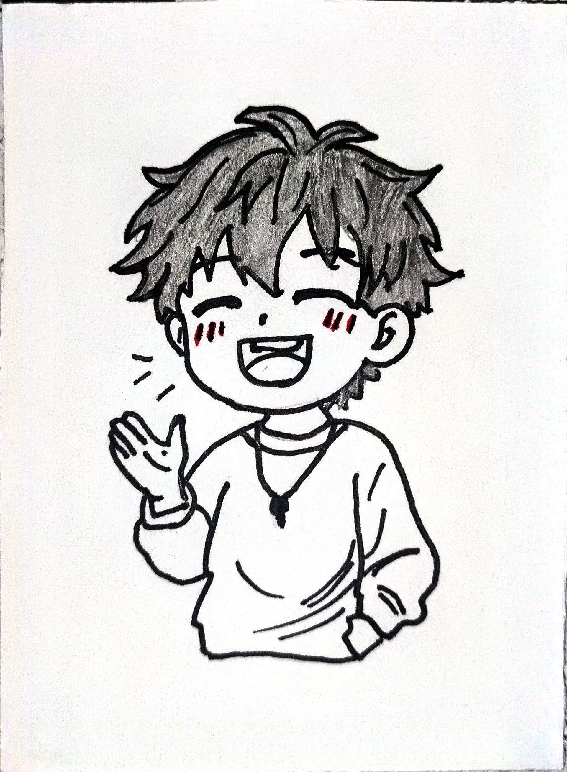 Anime Boy Drawing: Happy Chibi Character with Messy Hair
