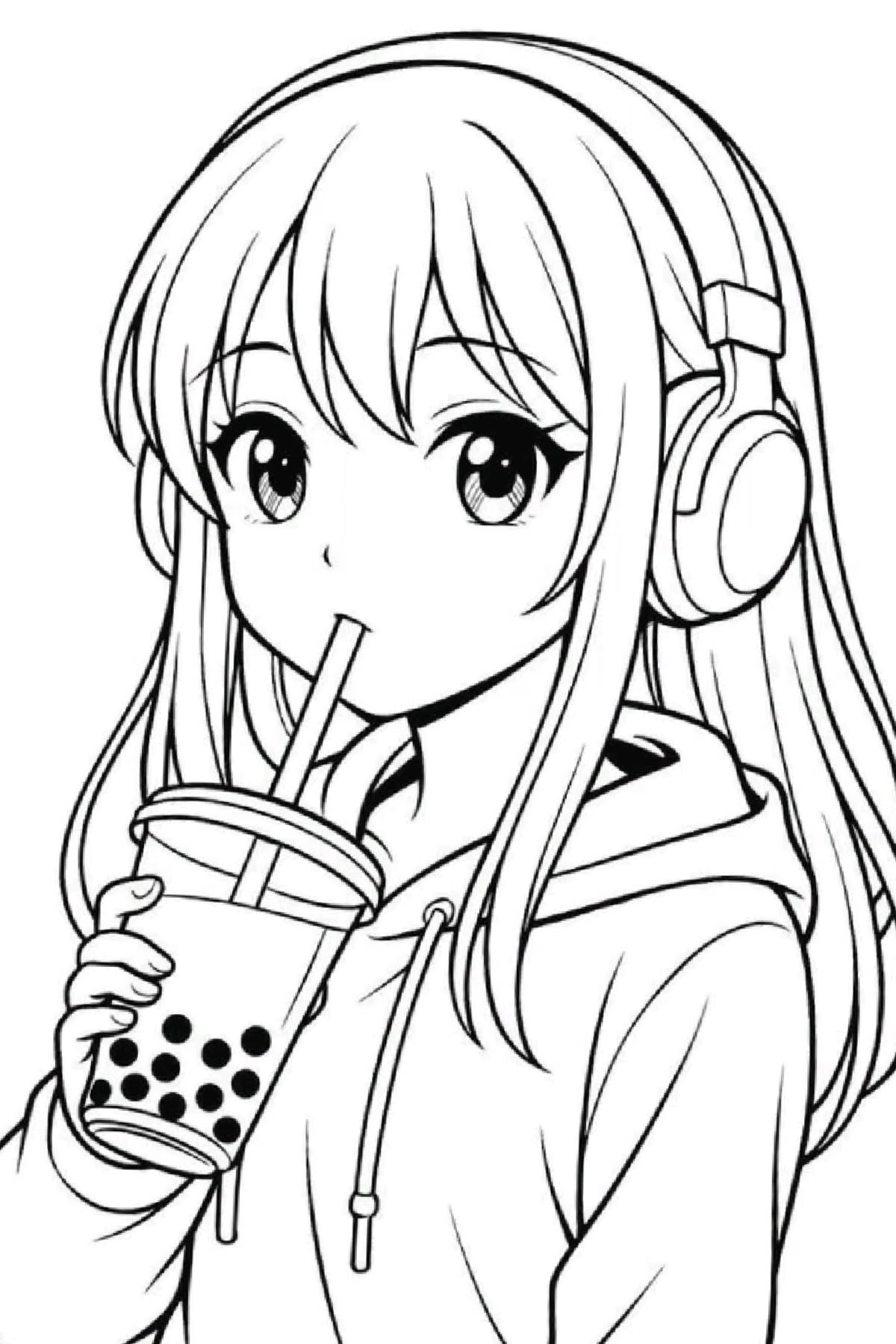 Casual Girl Enjoying Bubble Tea with Headphones