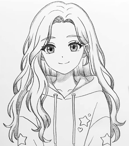 Charming Girl with Long Hair in Star Hoodie