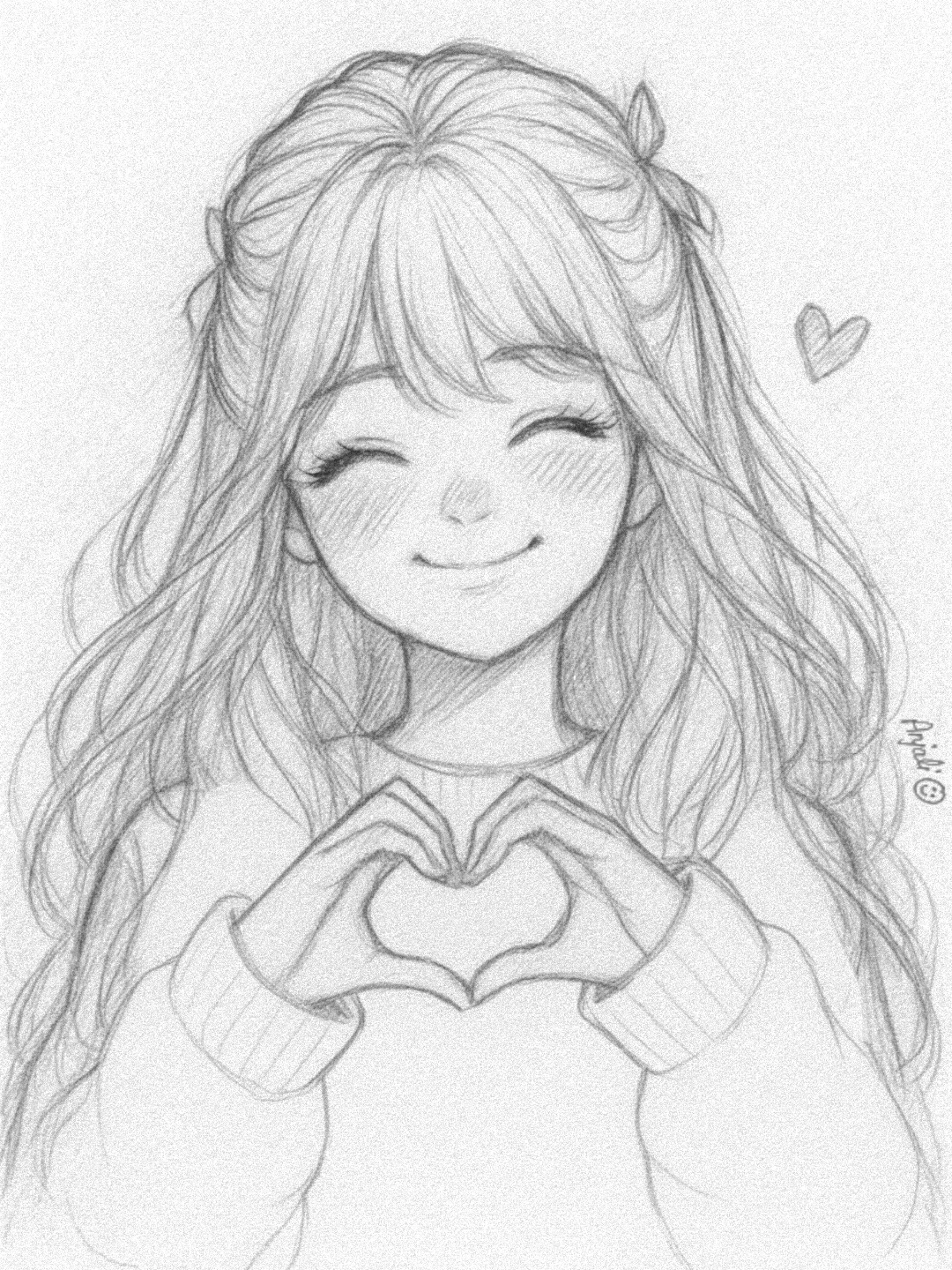 Cheerful Girl with Long Hair Making a Heart Gesture