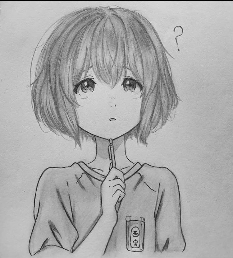Confused Girl with Short Hair Holding a Pen