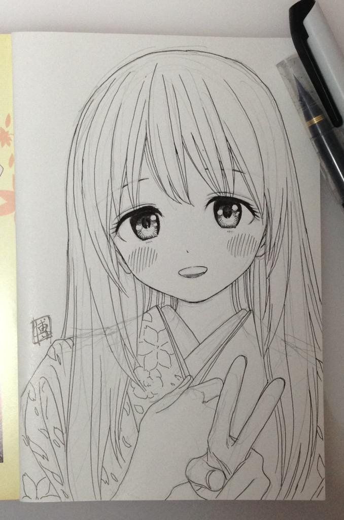 Elegant Girl in Traditional Kimono with Peace Sign