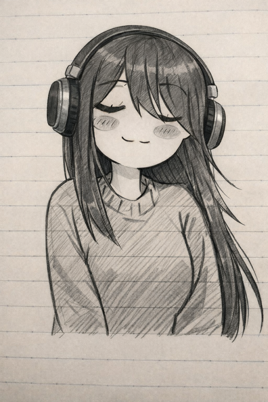 Joyful Girl with Headphones and Long Hair