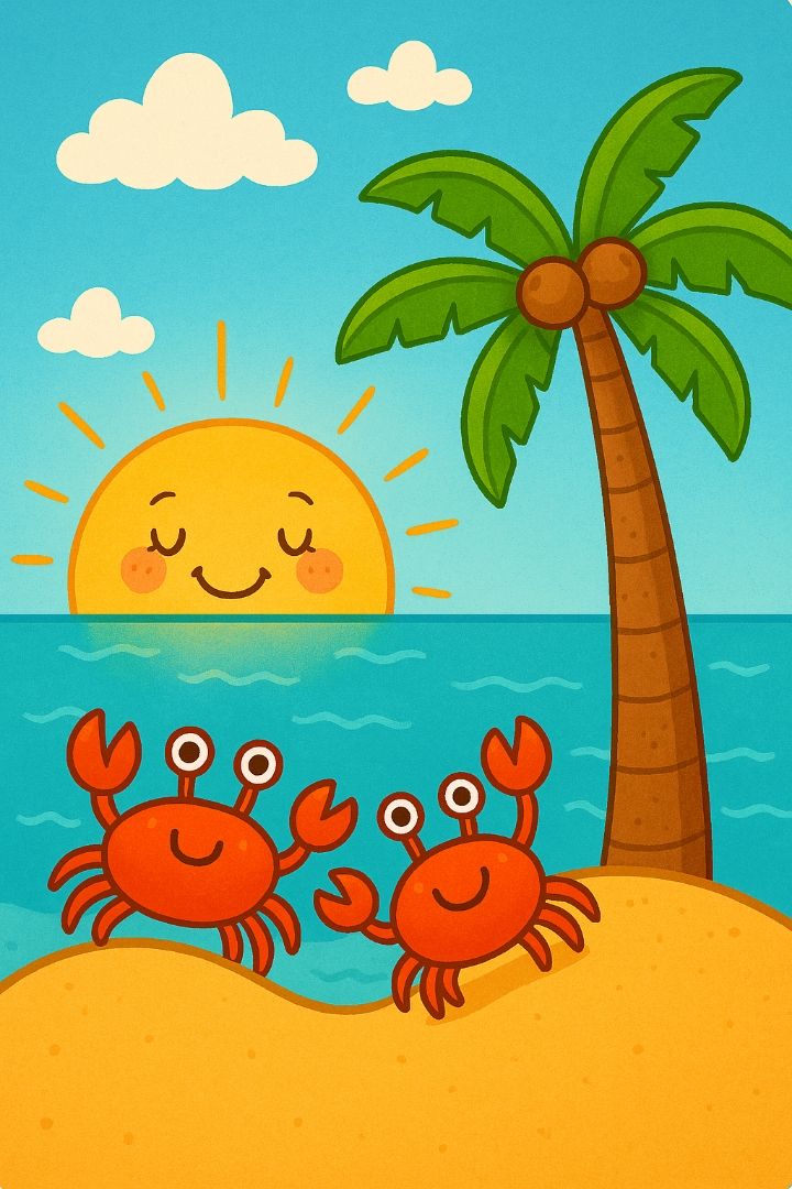 Beach Drawings: Adorable Crabs Under a Smiling Sun