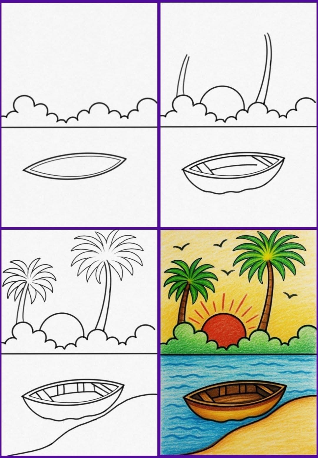 Beach Drawings: Charming Rowboat at Sunset with Palm Trees