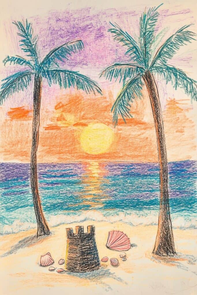 Charming Sunset with Palm Trees and Sandcastle
