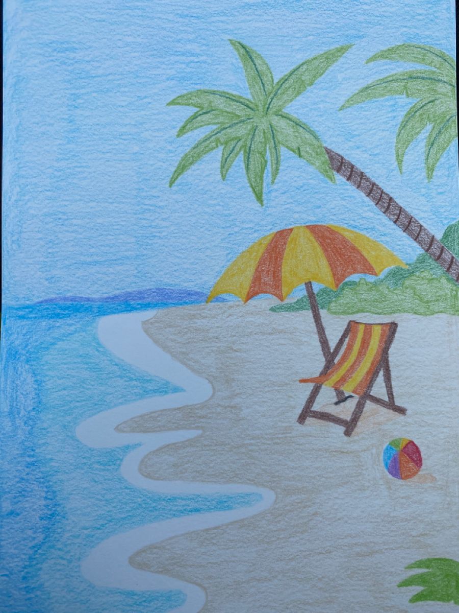 Colorful Beach Chair with Umbrella and Palm Trees