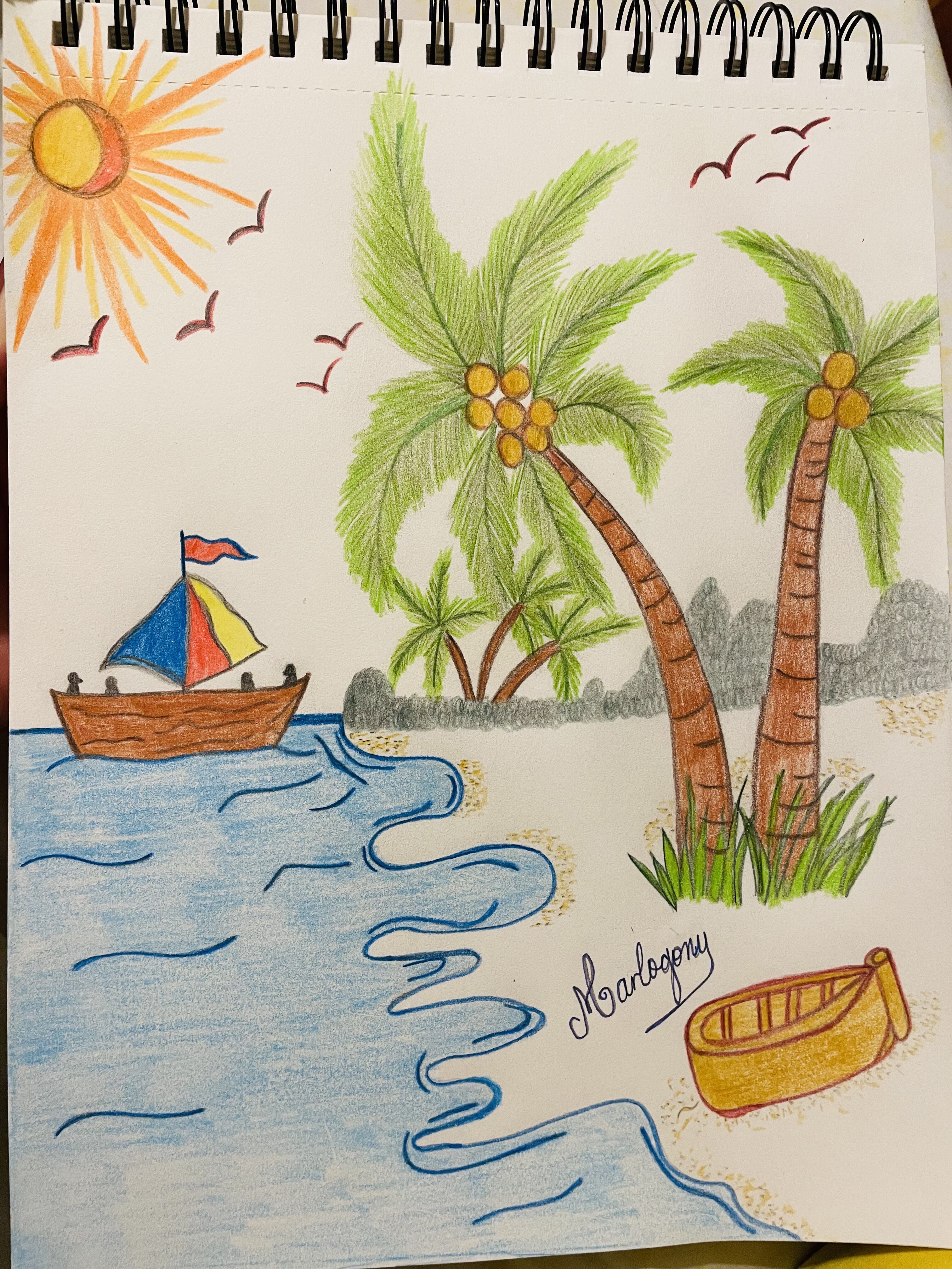 Colorful Sailboat and Lush Palm Trees