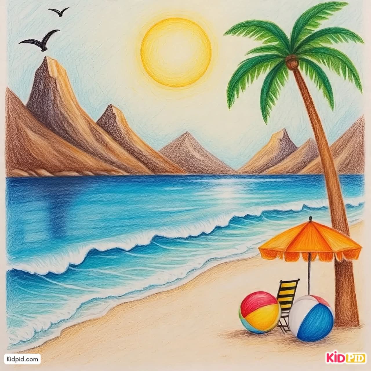 Colorful Scene with Palm Tree, Umbrella, and Beach Balls