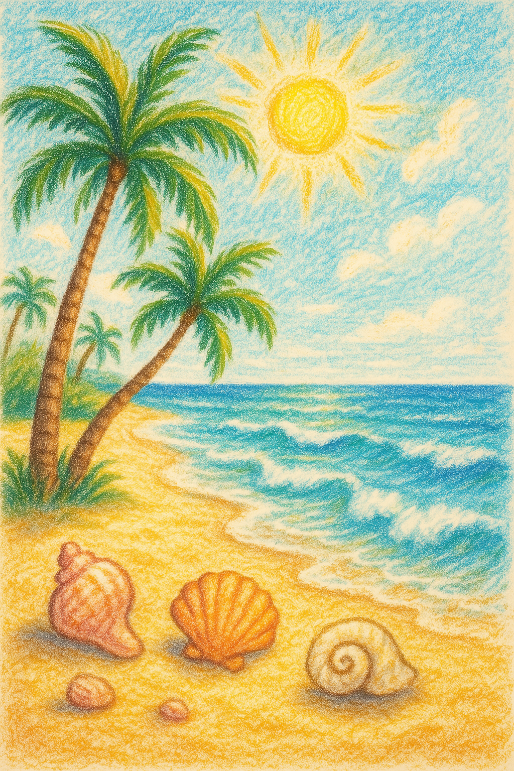 Colorful Seashells and Palm Trees by the Shore