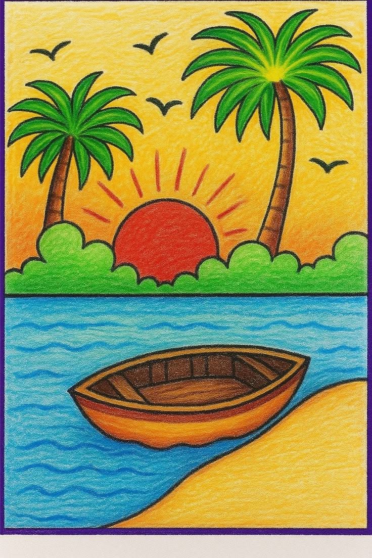 Beach Drawings: Colorful Sunset with Palm Trees and Canoe