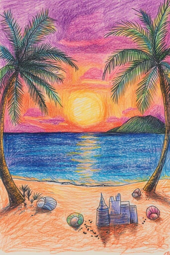 Colorful Sunset with Palm Trees and Sandcastles