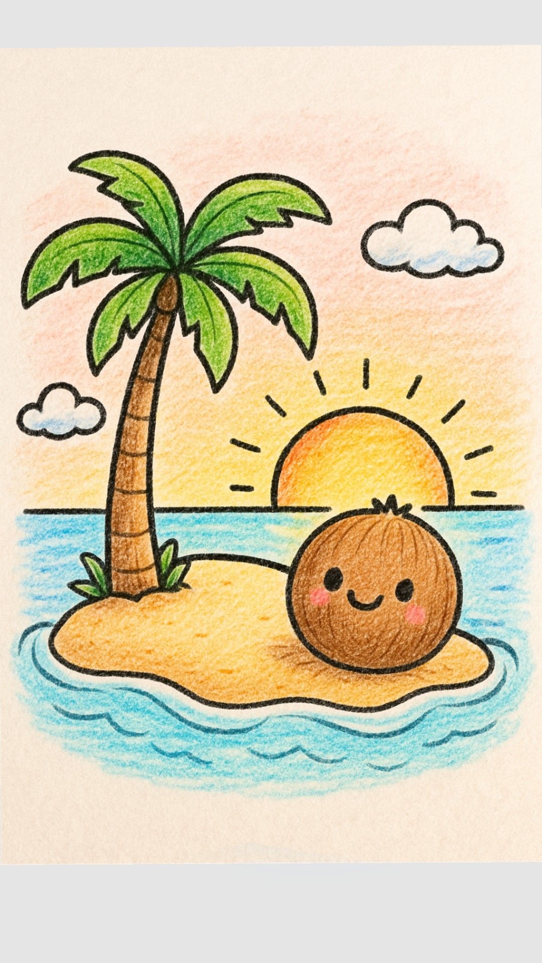 Cute Coconut and Palm Tree Under Sunset