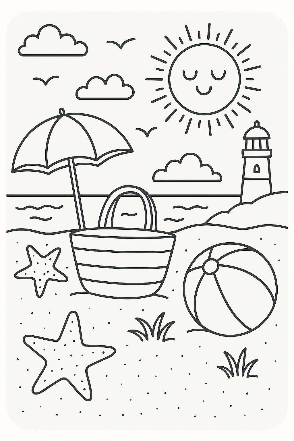 Beach Drawings: Fun Beach Scene with Umbrella, Ball, and Lighthouse
