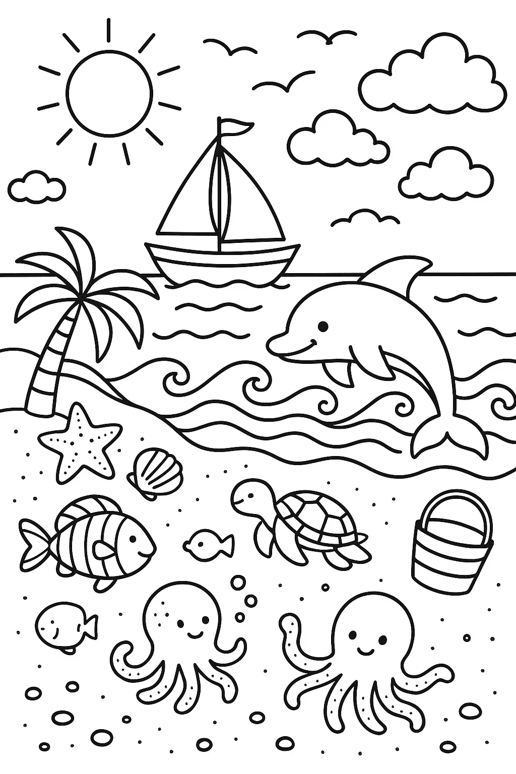 Beach Drawings: Fun Dolphin and Underwater Friends