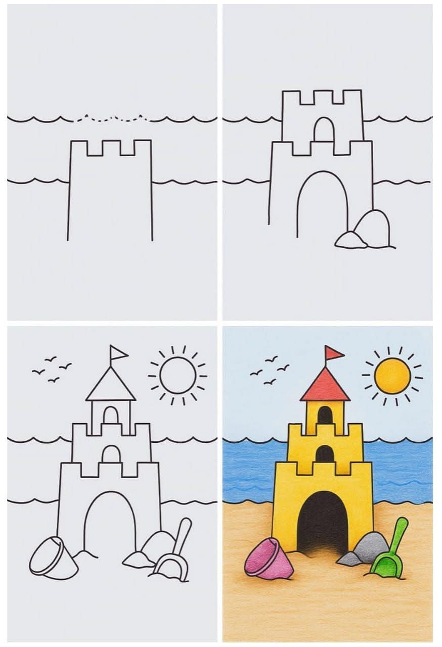 Beach Drawings: Fun Sandcastle with Colorful Buckets and Shovels