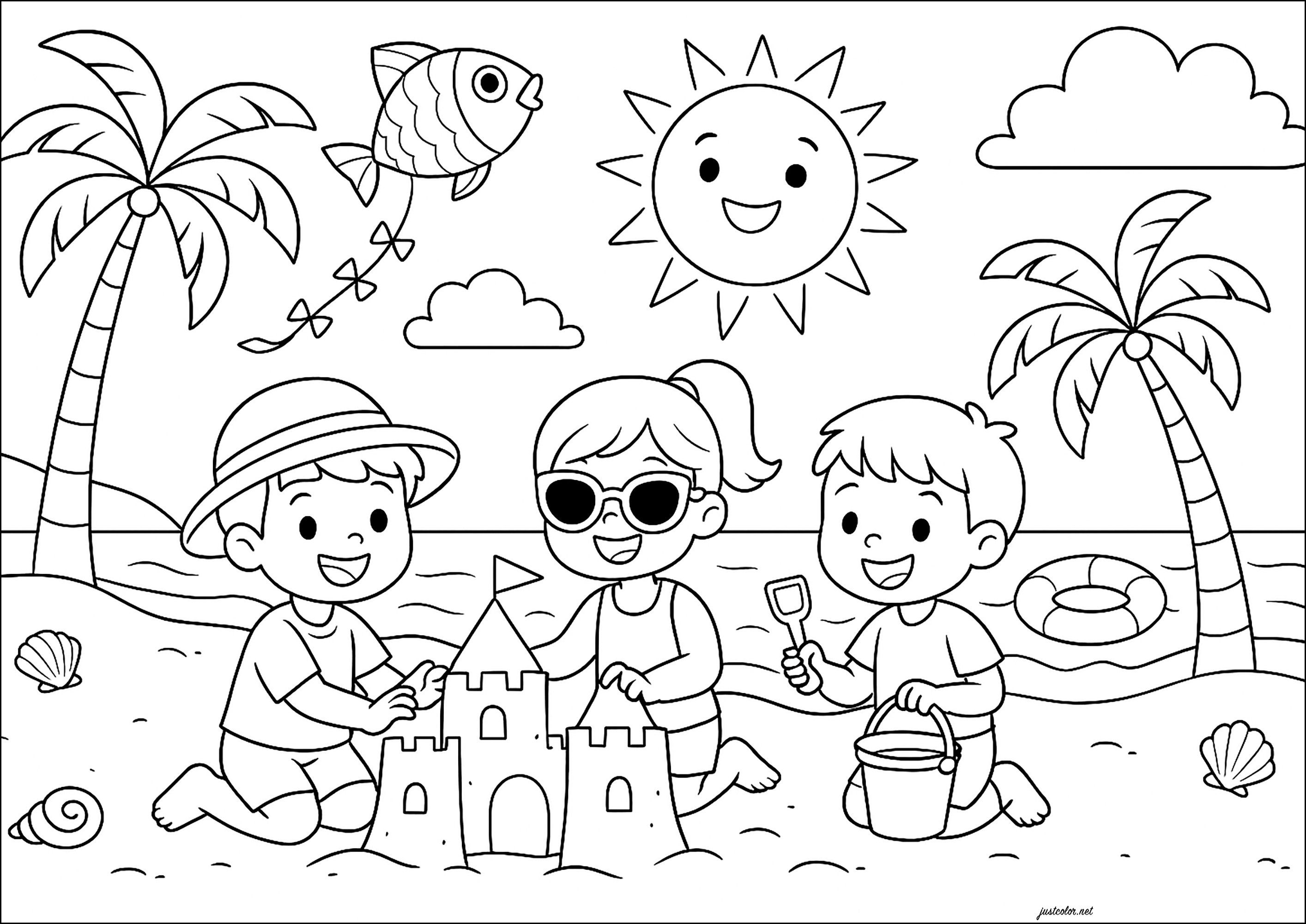 Beach Drawings: Kids Building a Sandcastle under the Sun