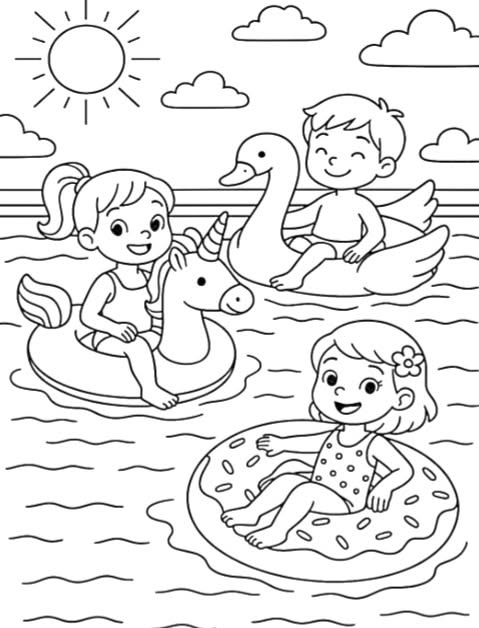 Beach Drawings: Kids Playing on Inflatable Floats in Summer Fun