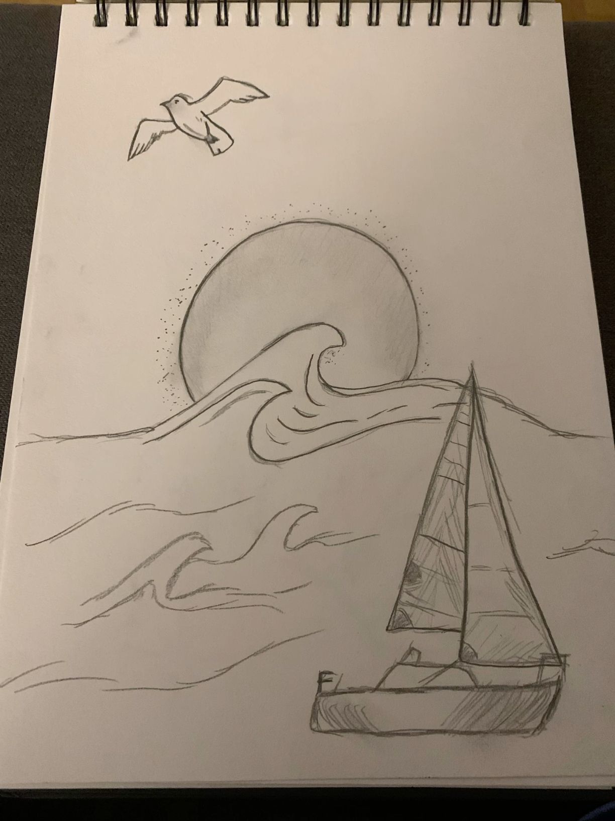 Sailboat with Waves and Seagull at Sunset