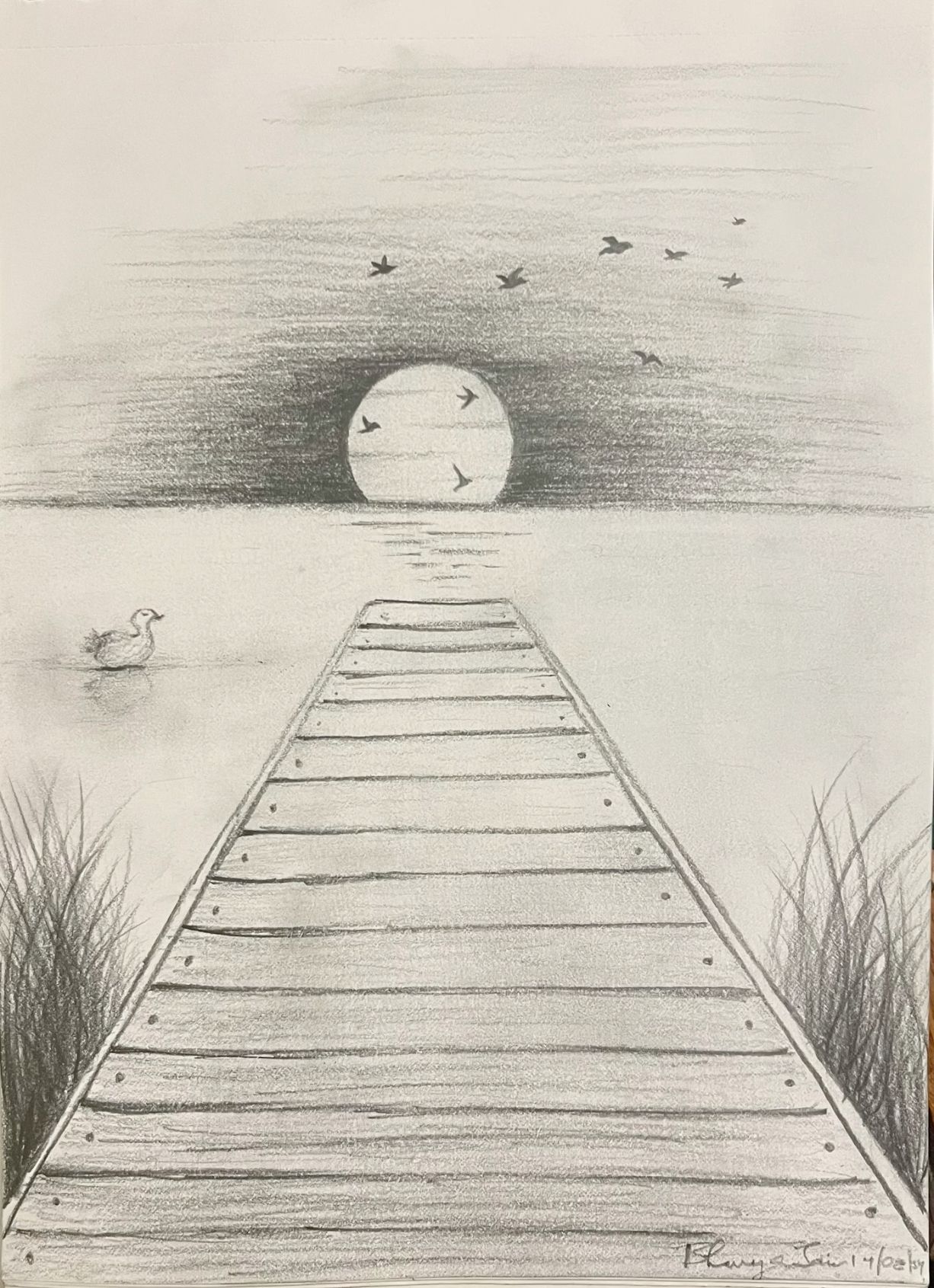 Serene Dock at Sunset with Reflecting Moon