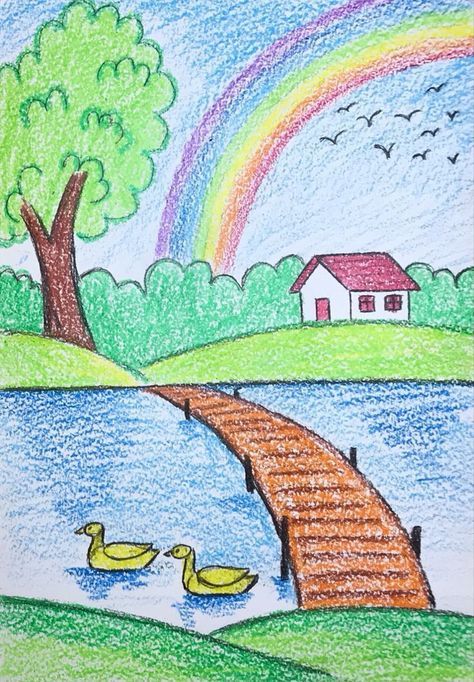 Serene Dock with Ducks and Rainbow Over Water