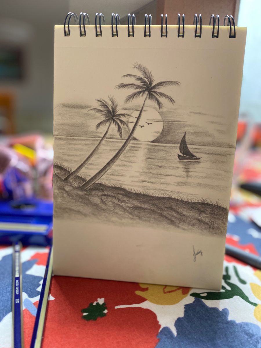Serene Palm Trees with Sunset and Sailboat