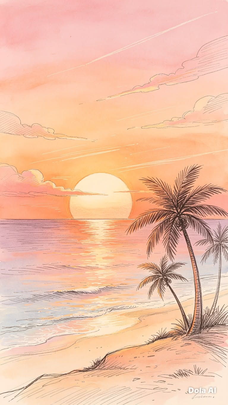 Serene Sunset Over Tranquil Ocean with Palm Trees
