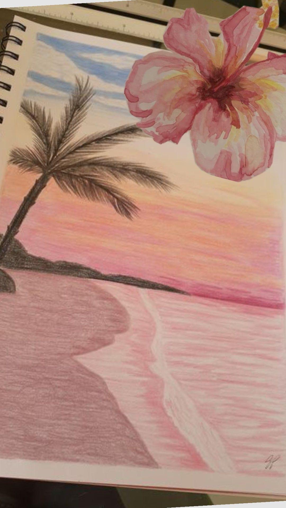 Serene Sunset with Palm Tree and Hibiscus