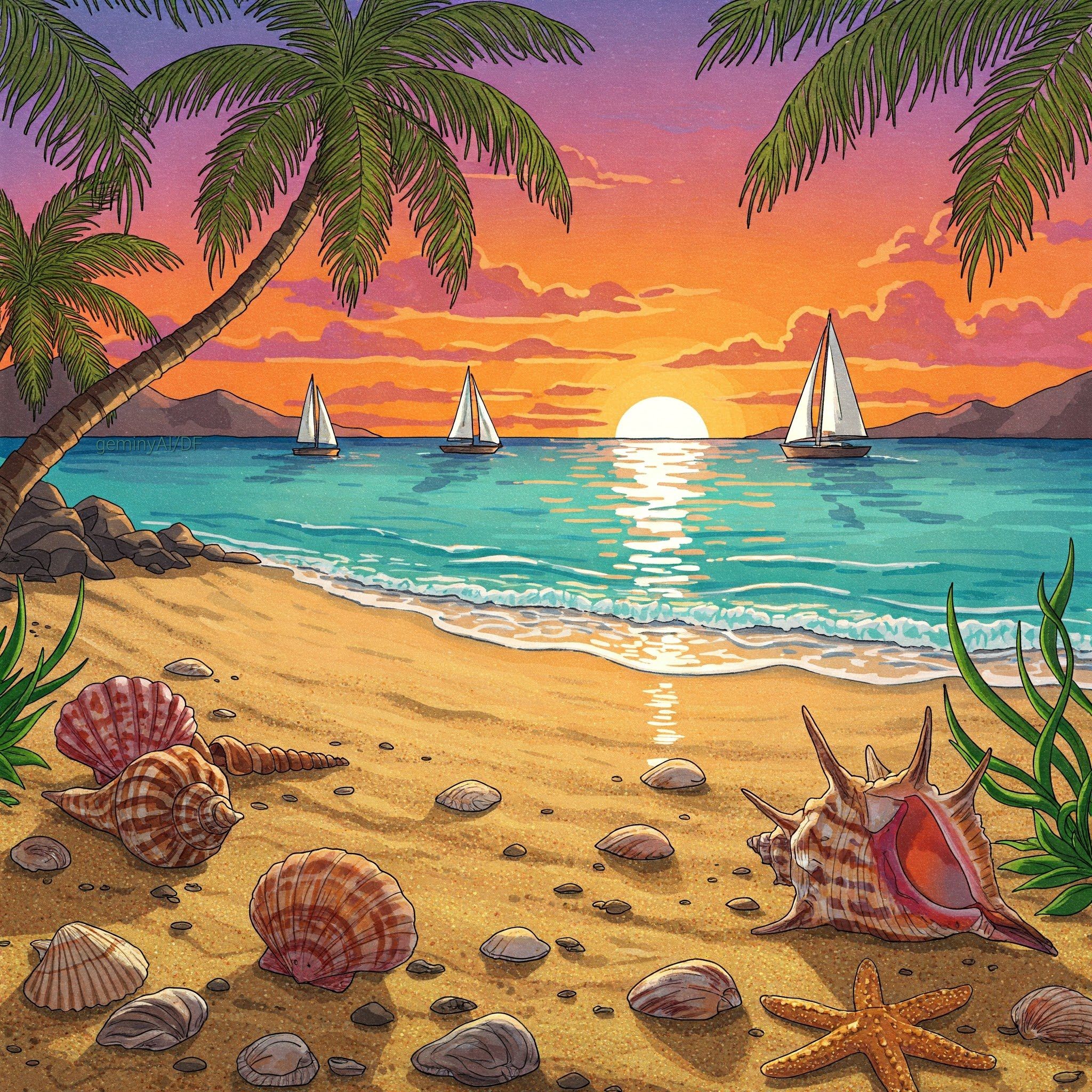 Serene Sunset with Sailboats and Seashells