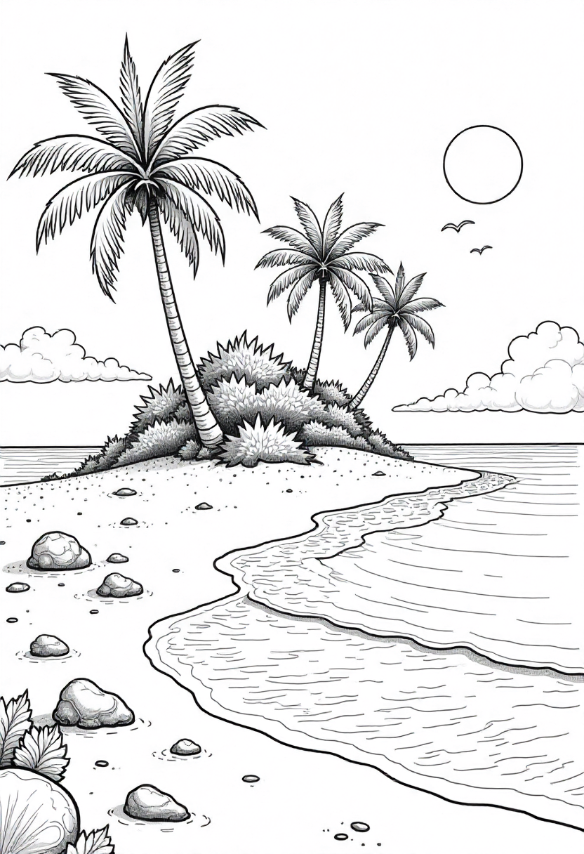 Tranquil Island Scene with Palm Trees and Gentle Waves