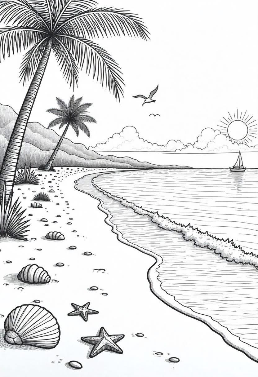 Tranquil Shoreline with Palm Trees and Seashells