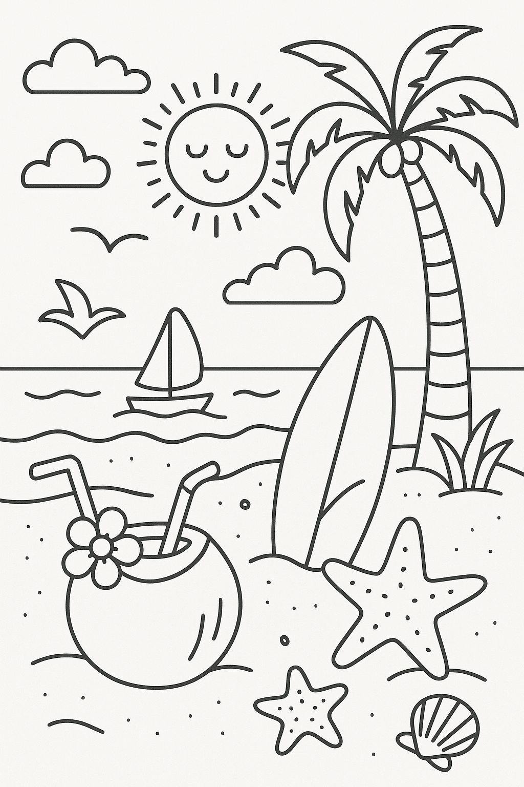 Beach Drawings: Tropical Drink with Palm Tree and Surfboard