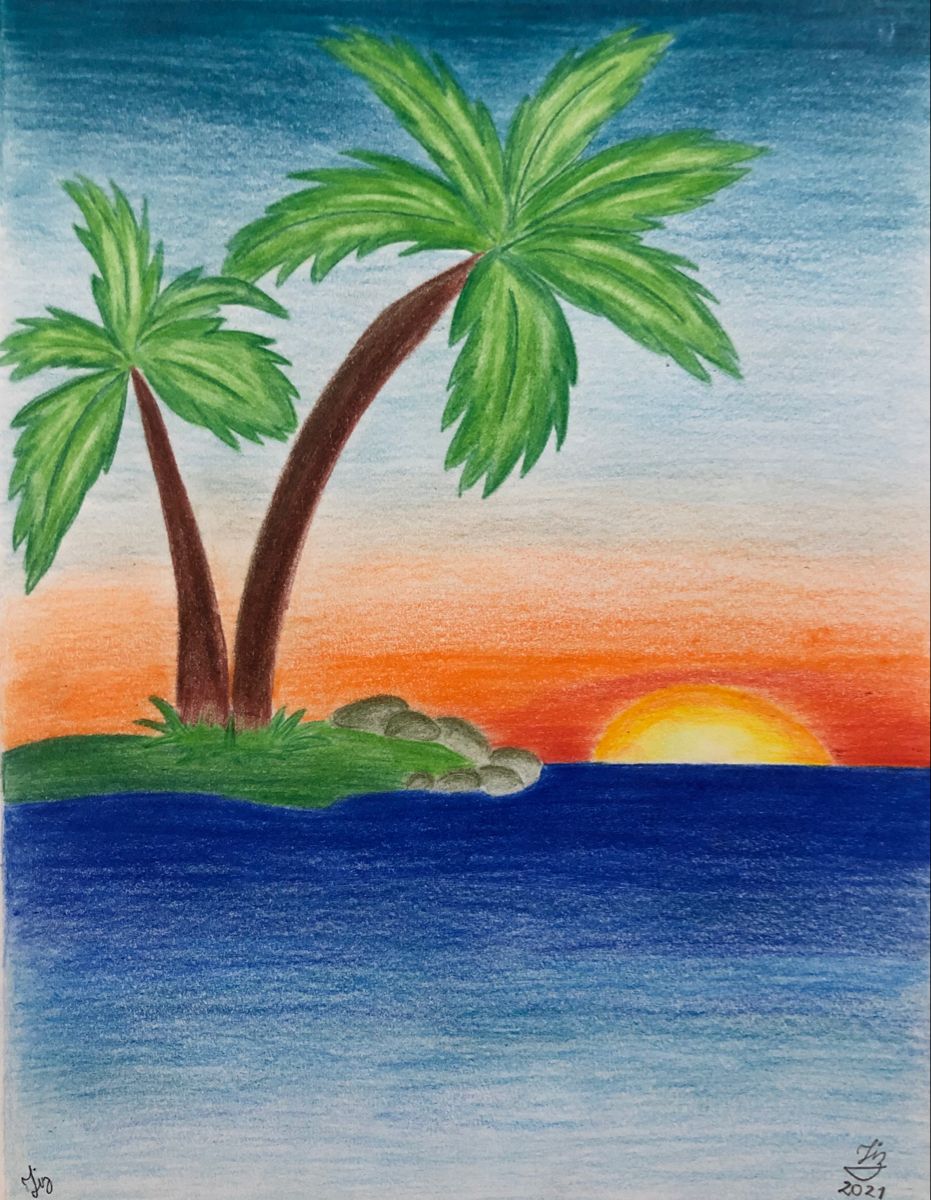 Tropical Palm Trees at Sunset Over the Ocean