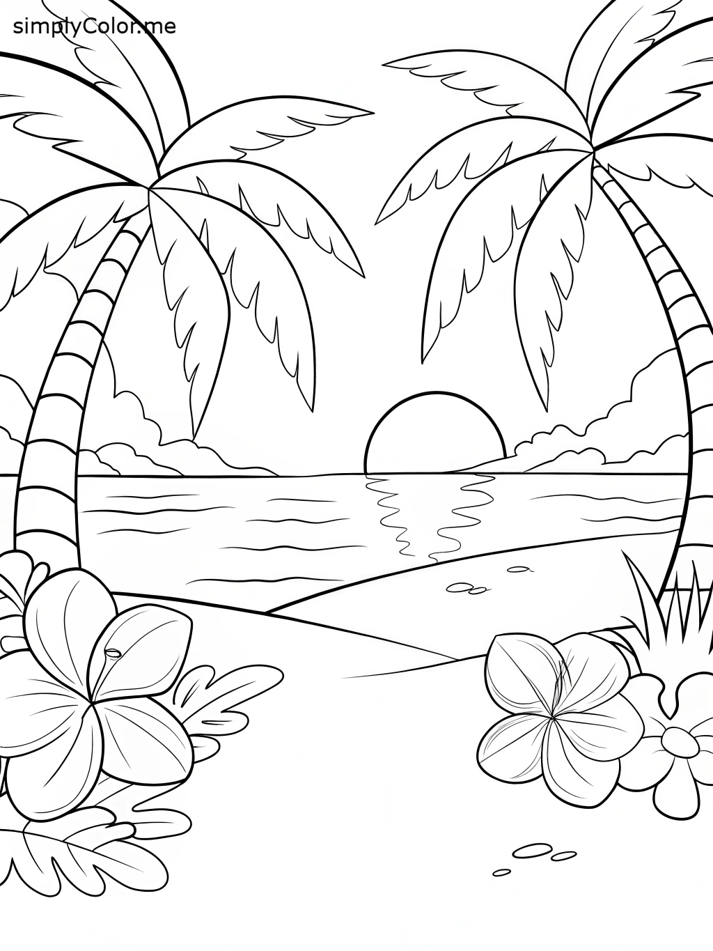 Tropical Sunset with Palm Trees and Flowers
