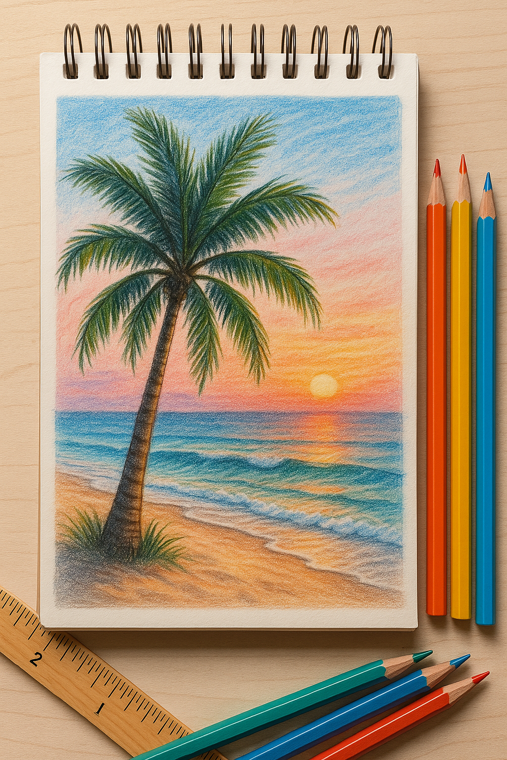 Vibrant Palm Tree at Sunset by the Shore