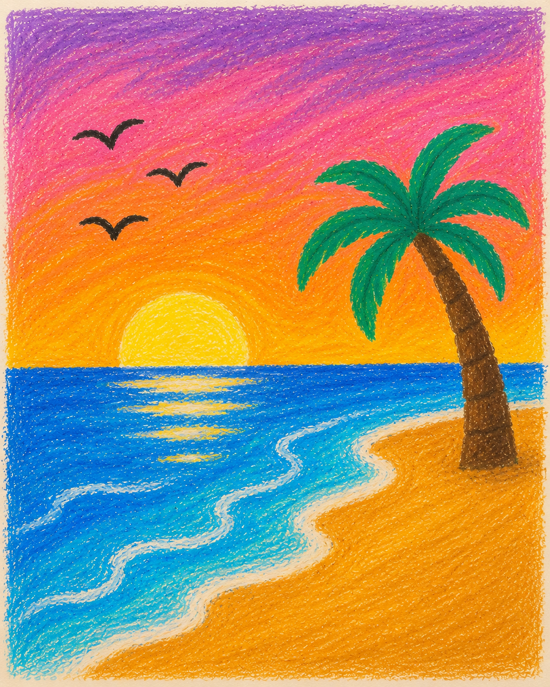 Vibrant Sunset with Palm Tree and Ocean Waves
