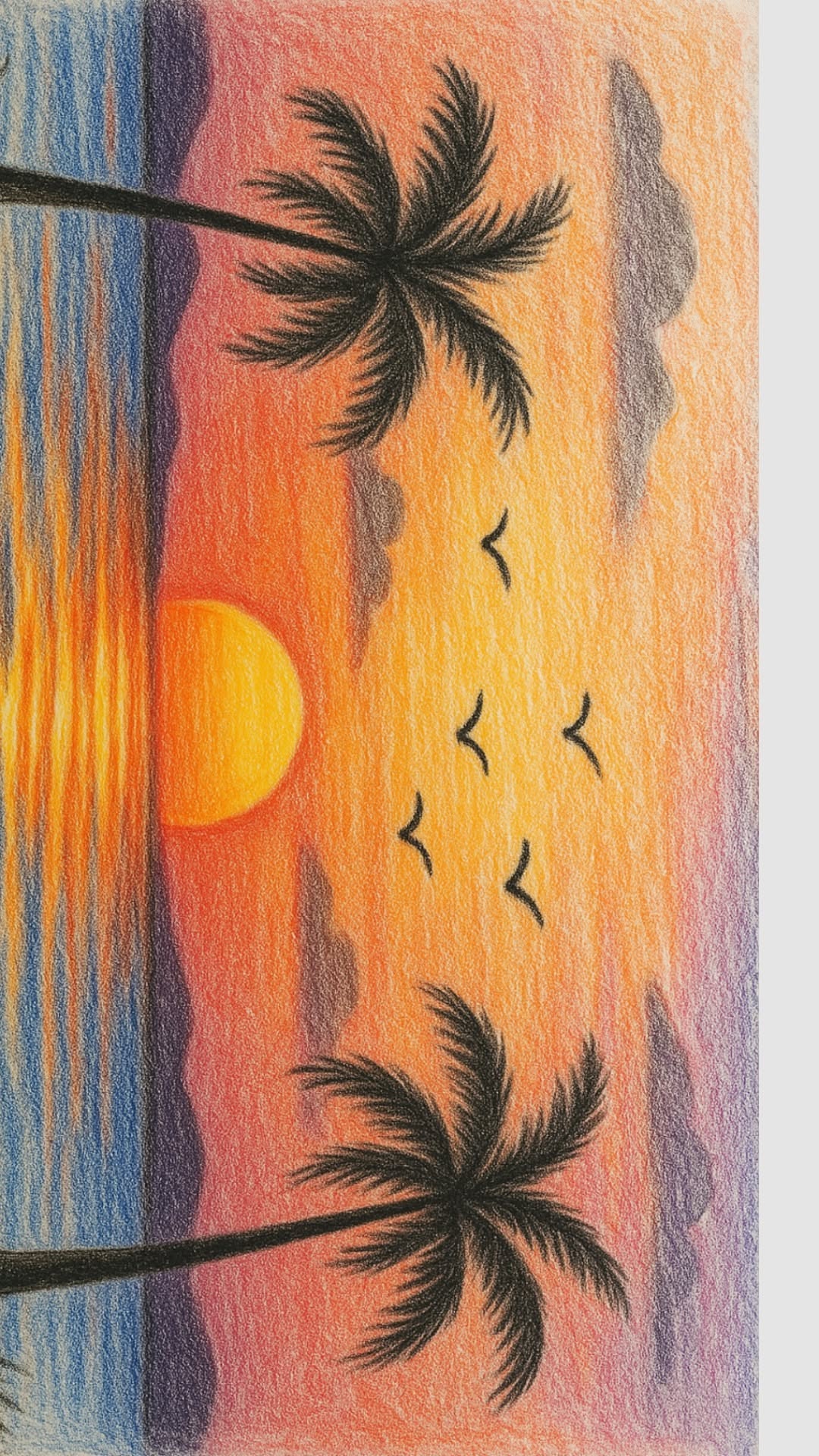 Vibrant Sunset with Palm Trees and Flying Birds