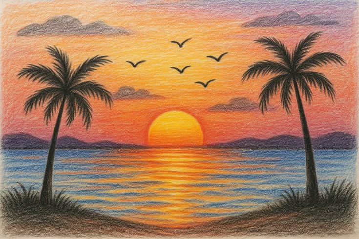 Vibrant Sunset with Palm Trees and Ocean View