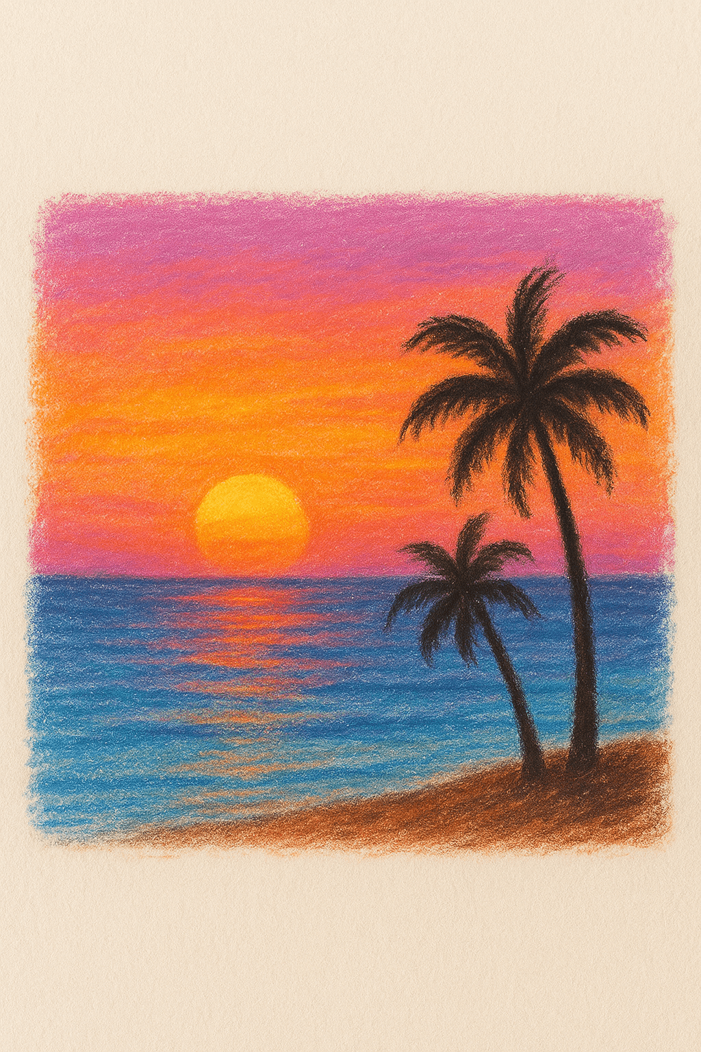 Vibrant Sunset with Palm Trees over Tranquil Ocean