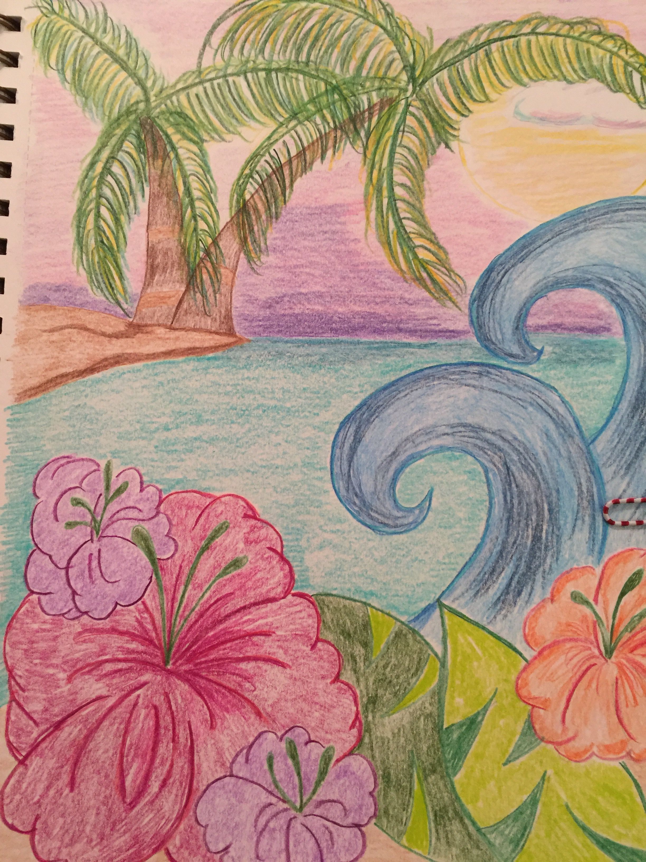 Vibrant Tropical Scene with Waves and Flowers