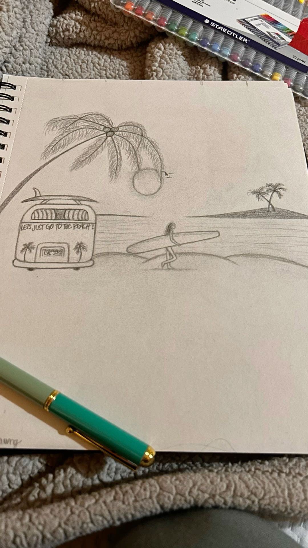 Vintage Surf Van with Palm Trees and Surfer