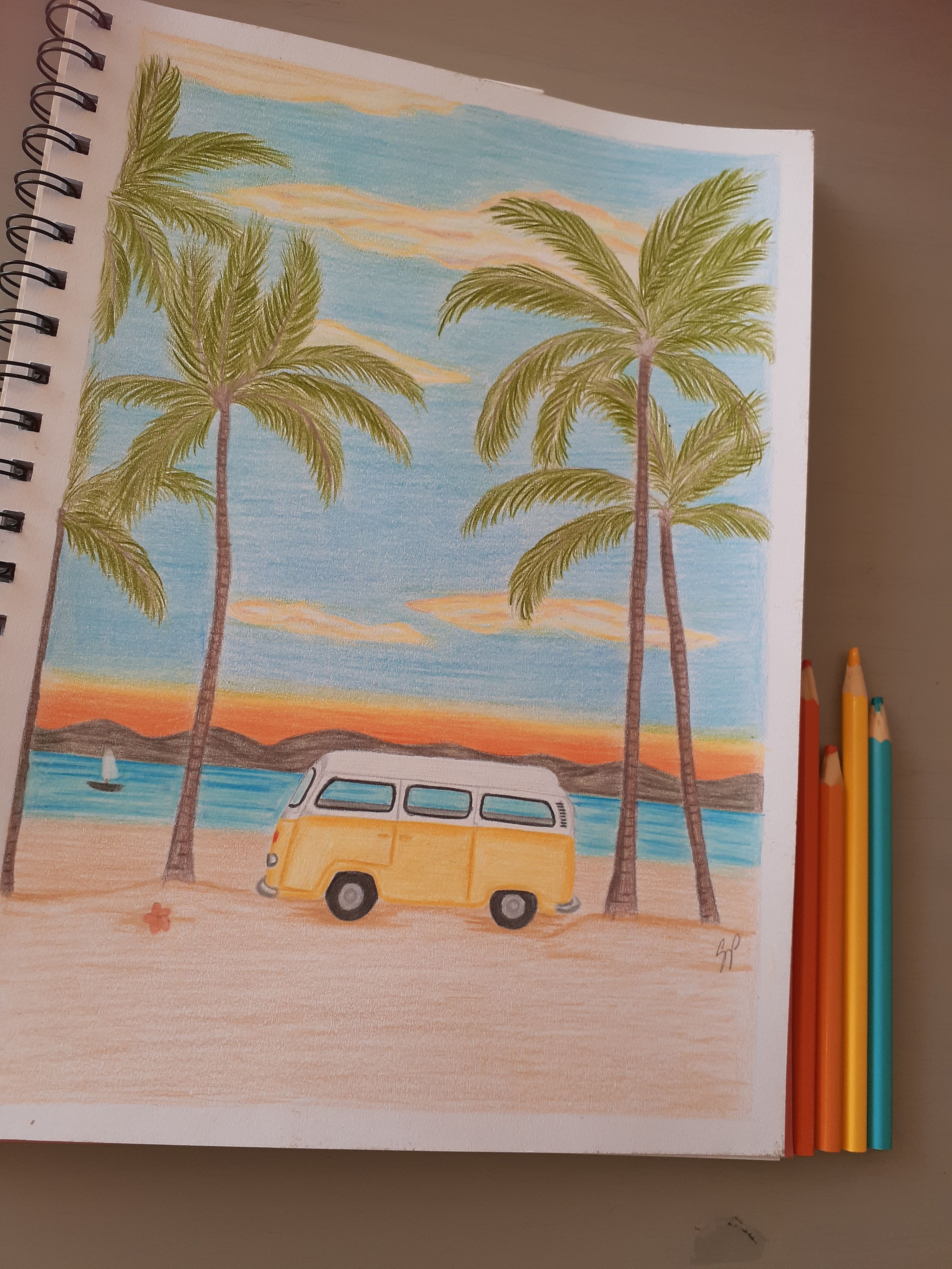Vintage Van with Palm Trees and Sunset Vibes