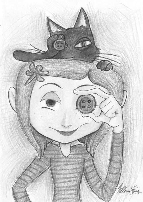 Coraline Drawing with Black Cat