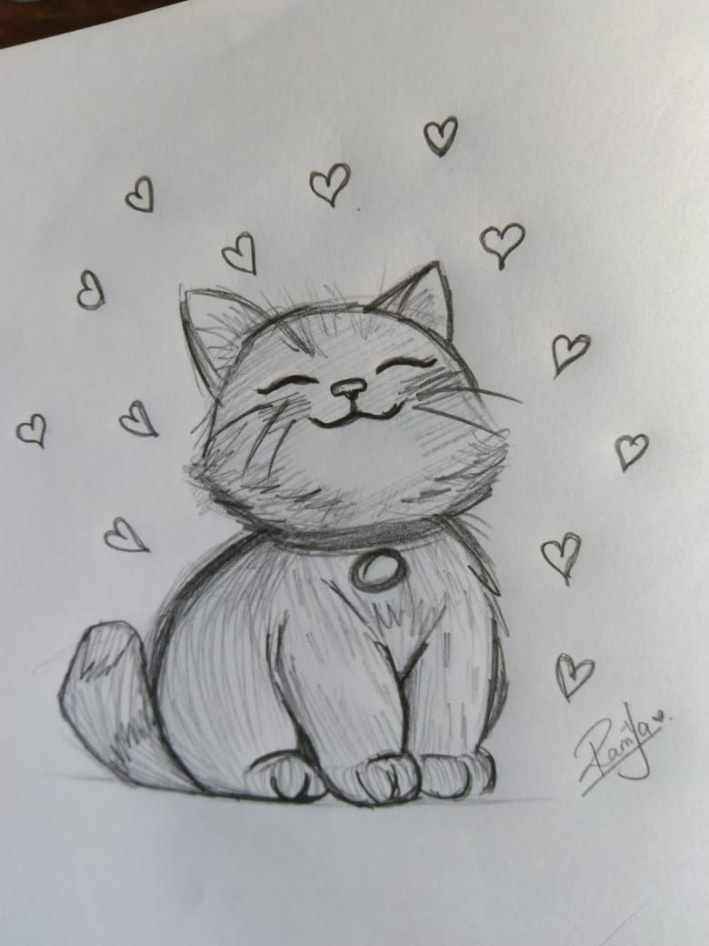 Adorable Cat with Hearts Smiling Drawing