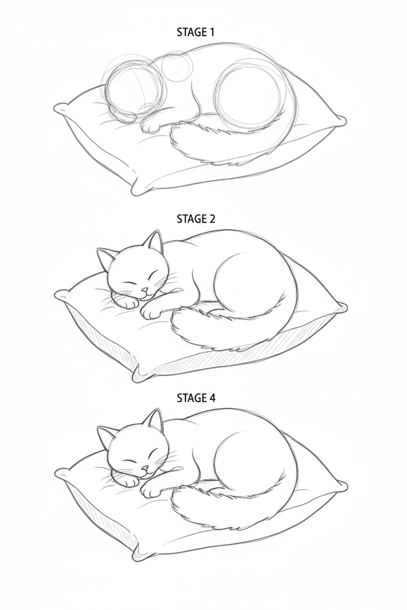 Cat Drawings: Cozy Cat Sleeping on a Pillow