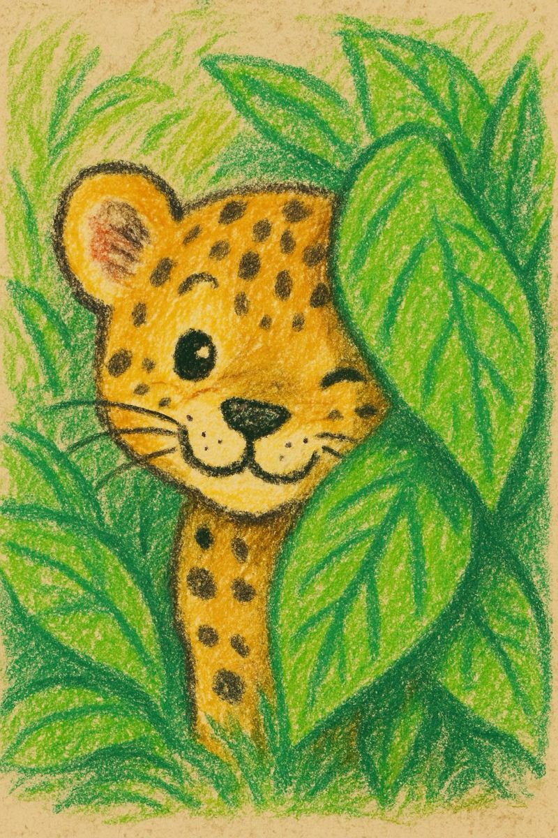 Playful Baby Leopard Peeking from Leaves