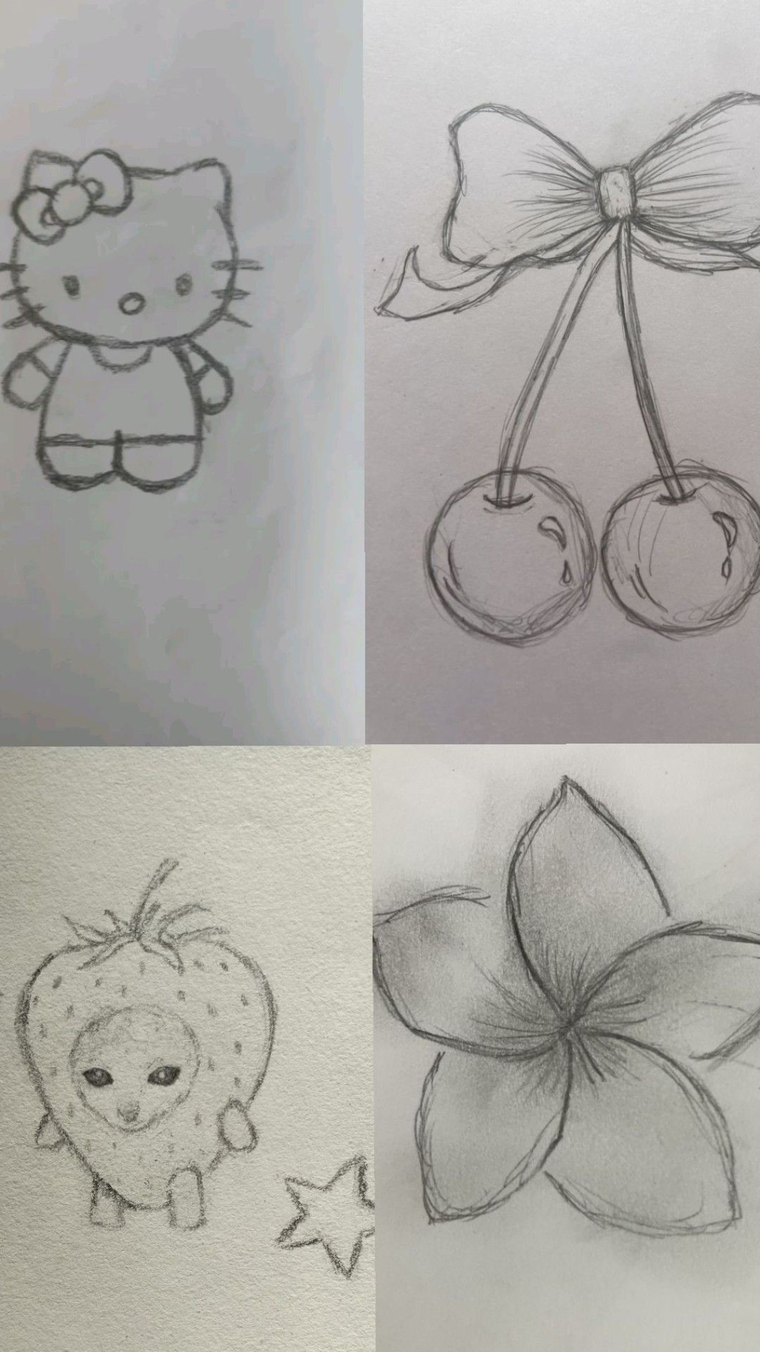 Cute Hello Kitty, Cherry with Bow, Strawberry Character, and Flower Sketches