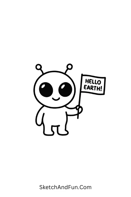 Cute Alien Greeting with Flag