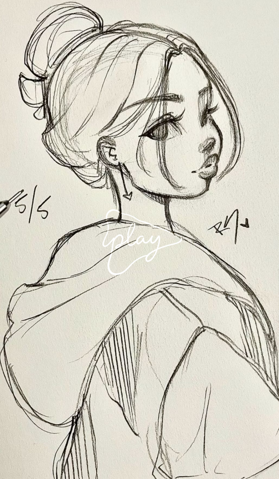 Stylish Girl with Bun and Hoodie Portrait Sketch