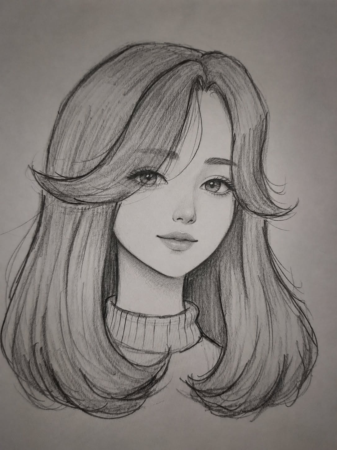 Beautiful Girl with Long Wavy Hair and Sweater Sketch